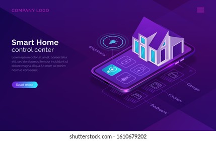 Smart home isometric, internet of things concept vector illustration. Control center for surveillance, home monitoring, mobile phone screen with house building icon purple banner, ultraviolet website