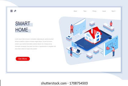 Smart home isometric landing page. Online home control, monitoring and management, house system automatization. Digital technology and devices. Busy people in work situation 3d vector isometry.