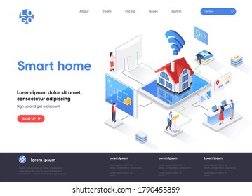 Intelligente, isometrische Startseite. Online-Heimsteuerung, Überwachung und Verwaltung, Haus-System-Automatisierung Isometrie-Webseite. Website flache Vorlage, Vektorgrafik mit Menschen Zeichen.