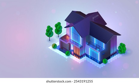 Smart home. Isometric modern two-storey private residential building with garage in evening with neon lights. Home with garage 3d isometric vector illustration. Living modern private building.