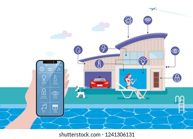 Smart home isometric vector illustration concept. Hand holding a smart phone with home automation assistant controlled. On the background a modern house with wireless centralized control. 