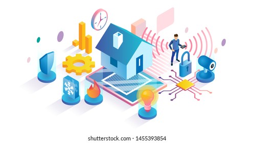 Smart home isometric vector illustration. Automated house system management set. Remote AI security, electricity, heating, conditioning, surveillance and appliances service control from smartphone app