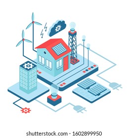 Smart home isometric vector illustration. Futuristic technology. Control panel for ergonimical power usage. Automated building management. Innovative house cartoon conceptual design element