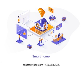 Smart home isometric web banner. Online home control, monitoring and management isometry concept. House system automatization technology 3d scene design. Vector illustration with people characters.
