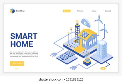 Smart home landing page vector template. Modern eco friendly technology website homepage interface layout with isometric illustration. Renewable energy sources web banner, webpage 3D concept