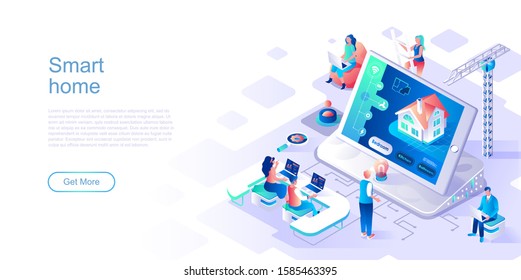Smart home landing page vector template. Automated house control system website header UI layout with isometric illustration. Wireless controller on tablet display web banner isometry concept