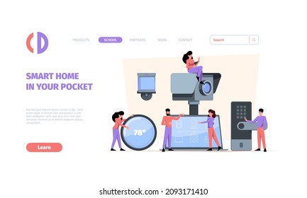 Smart home landing. Secure house system for comfortable life happy people garish vector web page template with place for text