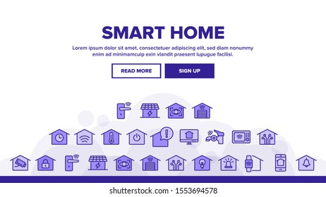 Smart Home Landing Web Page Header Banner Template Vector. Control, Camera, Light Settings And Humidity Smart House Device Linear Pictograms. Automation Monitoring Illustration