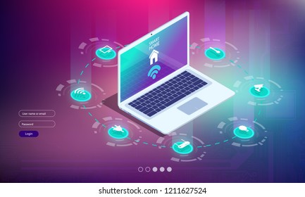 Smart home laptop controled vector illustration.