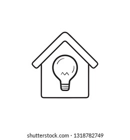 Smart home with light bulb hand drawn outline doodle icon. Smart technology, home ideas concept. Vector sketch illustration for print, web, mobile and infographics on white background.