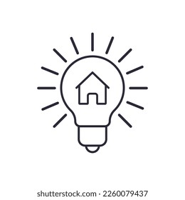 Smart home light bulb icon in outline style on white background, concept of idea, energy, thinking, economy, solution.