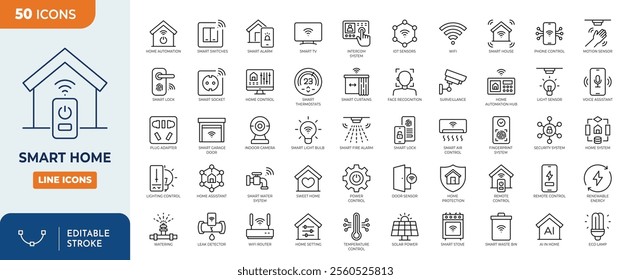 Smart Home Line editable icon set. Smart Home icons set contains : Smart Home, Autonomous Technology, Virtual Assistant, Biometric System, IOT, Remote Control, and more.