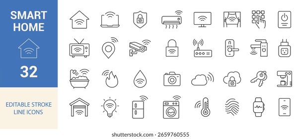 Conjunto de ícones editáveis da linha inicial inteligente. WiFi, dispositivos, segurança, trava, luz, termostato, câmera, automação e muito mais. Ilustração de vetor.	
