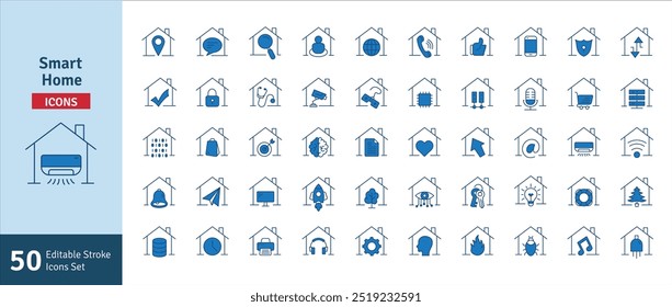 Smart-Home-Zeile bearbeitbare Stroke-Symbol-Set. Sicher, Technologie, Internet, Sprachassistent, Controller, Klimaanlage und mehr. UI-Symbolsatz in einem flachen Design. Vektorgrafik mit Gliederungssymbolen.