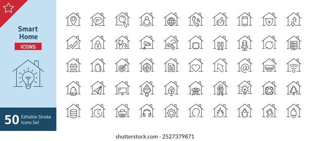 Conjunto de iconos de trazo editable de línea de inicio inteligente. Seguro, Tecnología, Internet, asistente de voz, controlador, aire acondicionado y más. Conjunto de iconos de interfaz de usuario en un diseño plano. Ilustración vectorial de iconos de contorno.