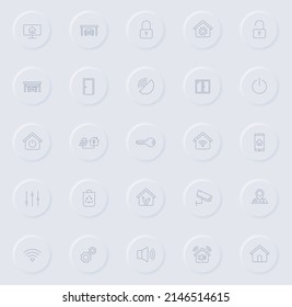 smart home line gray icons on round rubber buttons. smart home icon set for web, mobile apps, ui design and promo business polygraphy