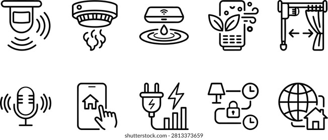 Smart home line icon collection representing various devices for security, comfort, and energy management systems.