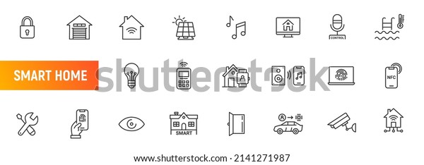 Smart home line icon. Smart\
control house door building system internet garage network remote\
control