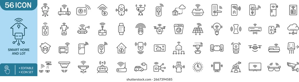 Smart Home und Lot Line Icon Set, Technologie, Automatisierung, Sicherheit, KI, Konnektivität, Innovation