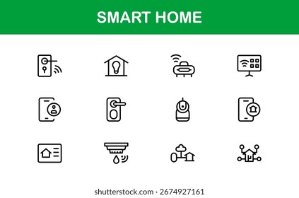 Conjunto de iconos de línea de casa inteligente: iconos de contorno mínimos modernos para automatización, Tecnología y dispositivos conectados