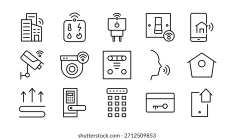 Smart Home line icon set. Home automation, IoT, connected devices, security, lighting, thermostat, smart locks, sensors, appliances, remote control, icons vector illustration. Pixel-perfect stroke