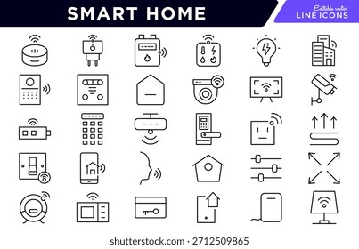 Conjunto de iconos de línea de inicio inteligente. Automatización del hogar, IoT, dispositivos conectados, seguridad, iluminación, termostato, cerraduras inteligentes, sensores, electrodomésticos, control remoto, Ilustración vectorial de iconos. Trazo de píxel perfecto