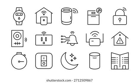 Smart Home line icon set. Home automation, IoT, connected devices, security, lighting, thermostat, smart locks, sensors, appliances, remote control, icons vector illustration. Pixel-perfect stroke