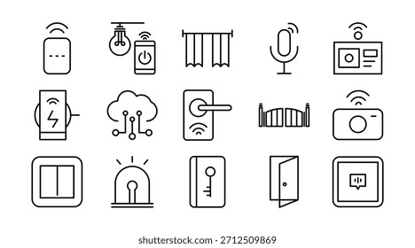 Conjunto de iconos de línea de inicio inteligente. Automatización del hogar, IoT, dispositivos conectados, seguridad, iluminación, termostato, cerraduras inteligentes, sensores, electrodomésticos, control remoto, Ilustración vectorial de iconos. Trazo de píxel perfecto
