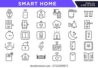 Conjunto de iconos de línea de inicio inteligente. Automatización del hogar, IoT, dispositivos conectados, seguridad, iluminación, termostato, cerraduras inteligentes, sensores, electrodomésticos, control remoto, Ilustración vectorial de iconos. Trazo de píxel perfecto