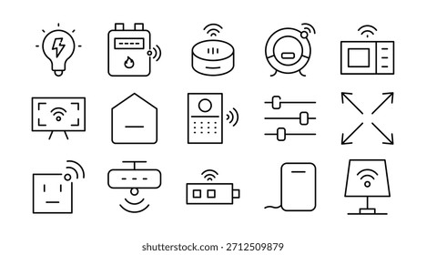 Conjunto de iconos de línea de inicio inteligente. Automatización del hogar, IoT, dispositivos conectados, seguridad, iluminación, termostato, cerraduras inteligentes, sensores, electrodomésticos, control remoto, Ilustración vectorial de iconos. Trazo de píxel perfecto