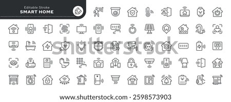 Smart home line icon set. Smart system, house, home automation, climate control, smart light, smart hub and more. Outline vector icon in linear style. Pictogram collection	
