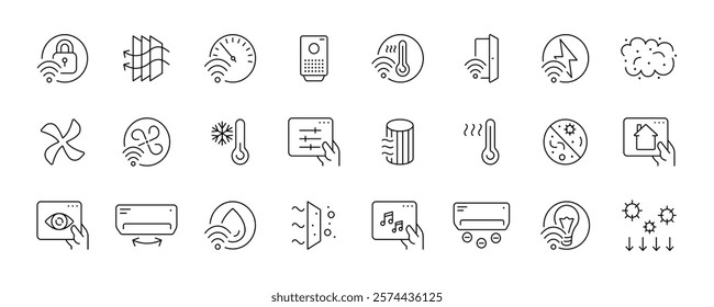 Smart home line icons for security, climate, and entertainment control. Vector icon