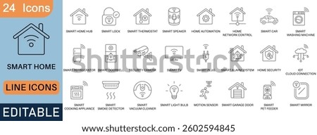 Smart home line icons set featuring automation, IoT, security, appliances, and technology. Includes smart lock, thermostat, speaker, TV, camera, and more. Editable vector for modern living concepts.