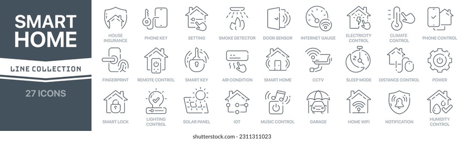 Colección de iconos de señalización lineal para el hogar inteligente. Colección de iconos de línea delgada firmada. Conjunto de iconos de esquema simples para el hogar inteligente
