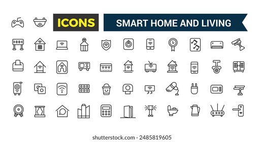 Conjunto de iconos de casa y sala de estar inteligentes. Paquete de iconos de esquema. Conjunto de iconos de línea de Vector editable e ilustración para el Web y la aplicación de IU.