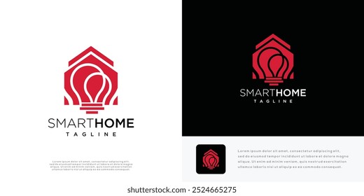Smart home logo design vector illustration. Home and light bulb logo icon.	