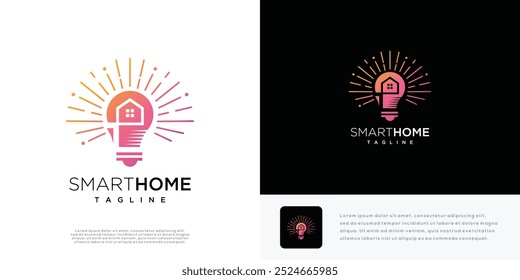 Smart home logo design vector illustration. Home and light bulb logo icon.	