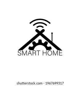 Smart home logo icon template design with wifi, cogwheel and roof. Vector clipart and drawing in cartoon style. Black and white isolated illustration.