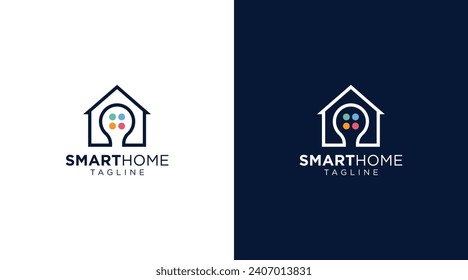 Logo de Smart Home. Diseño moderno, abstracto y minimalista de una casa y una bombilla con botón