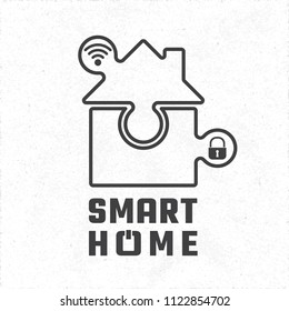 Smart Home Logo Style Icon Made with Puzzle Pieces Wireless and Security Signs and Creative Lettering - Black House Outlines on White Rough Paper Background - Vector Contrast Graphic Design