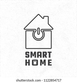 Smart Home Logo Style Icon with Creative Lettering and Puzzle Pieces Making Power Button Sign Inside the House - Black Outlines on White Rough Paper Background - Vector Contrast Graphic Design