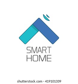 Smart home logo symbol isolated on white background, abstract linear smart house shape with signal waves on roof logotype, technology sign vector illustration
