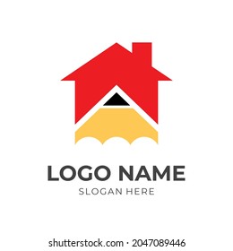 smart home logo vector, house and pencil, combination logo with flat red and yellow color style