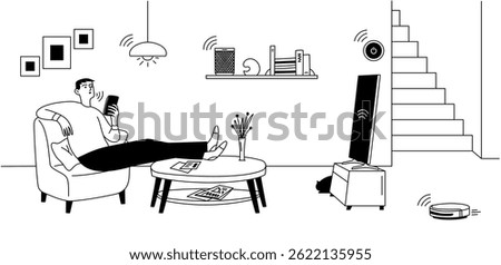 Smart home, man using smart home control system in smartphone. Various electronics with smart functions. Vector doodle illustration, banner