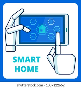 Smart Home Management App Flat Banner Template. House Control Mobile Application Promo Layout. Monitoring Apartment Infographics, Icons on Smartphone, Tablet Screen. AI for Property Protection