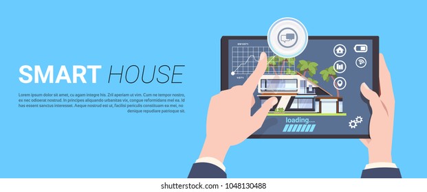 Smart Home Management Concept With Hands Holding Tablet Device Over Background With Copy Space