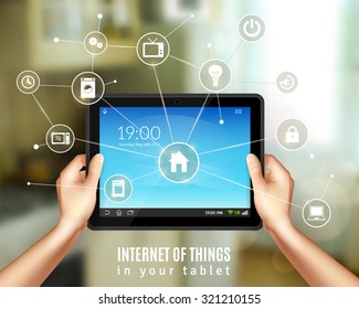 Smart home management concept with realistic hands holding tablet device vector illustration