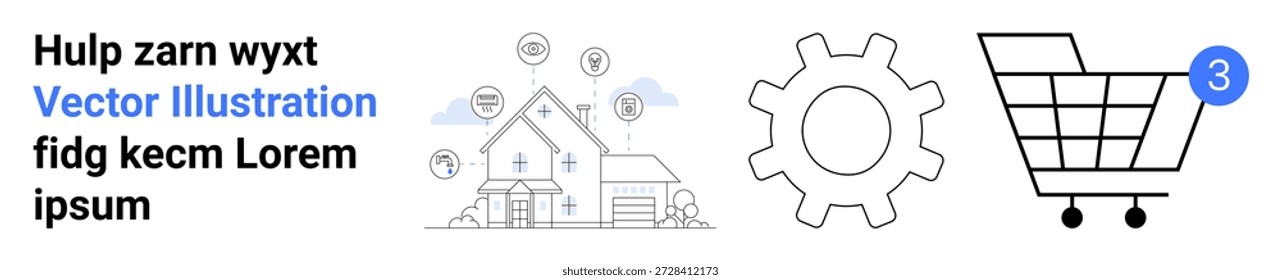 Smart home management, technology integration, e-commerce, settings, notifications, system updates. Visual includes a smart home, gear icon and shopping cart. Smart home and e-commerce concepts