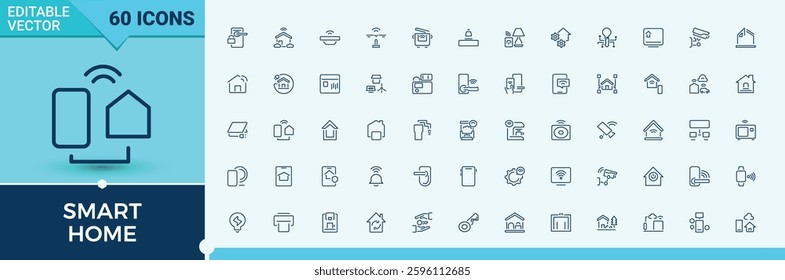 Smart Home minimal icon set. Featuring smart, home, automation, house and more. Line with editable stroke. Smart House icons set in linear style. Collection of simple line web icons.