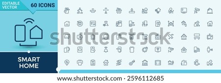 Smart Home minimal icon set. Featuring smart, home, automation, house and more. Line with editable stroke. Smart House icons set in linear style. Collection of simple line web icons.